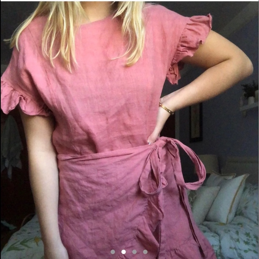 Pink Linen Ruffle Dress - Picture 1 of 4